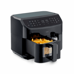 MEDION P20 XXL Heißluftfritteuse mit 2 Kammern (8,7 Liter, Airfryer, 2.600 Watt, Doppelkammer, 9 Automatikprogramme, 2 Schubladen, Sichtfenster, Dualer Airfryer, Dual Cook & Sync-Finish Funktion)