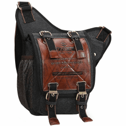 S-ZONE Herren Schultertasche Vintage Canvas PU Leder Crossbody Sling bag Brusttasche Military Sporttasche Multipurpose Rucksack für Reise Wandern Schule Freizeit Schwarz