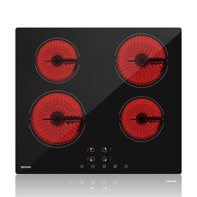 Glaskeramikkochfeld, WEHIMO Glaskeramikkochfeld 4 platten, 59cm, 6000W, 4 Kochzonen (1800W*2+1200W*2), 9 Heizstufen, Berührungssteuerung, Kindersicherung, 1-99min Timer, Geeignet für Alle Töpfe