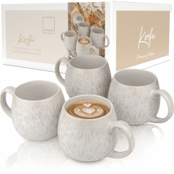 SÄNGER | Tassen Set Korfu 4 tlg, Kaffeetassen 4 Personen, Steingut Tasse Handmade, Teetassen Set Spülmaschinenfest, Kaffeebecher Set Creme Farben mit Sandiger Maserung 300 ml | PREMIUM COLLECTION