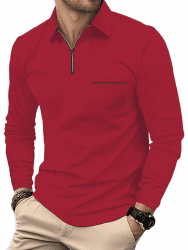 HMIYA Herren Poloshirt-Langarm Poloshirt aus Baumwolle Atmungsaktiv Casual T-Shirt mit Tasche 4XL Rot