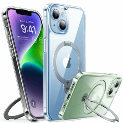 TORRAS 360° Ostand Spin für iPhone 13/iPhone 14 Hülle (Magnetischer Robust Standring) Militärschutz, Diamant-Klar Anti-Vergilbung, Unsichtbarer Ständer Schlank Handyhülle Transparent