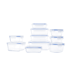 Amazon Basics - Glasbehälter für Lebensmittel, mit Deckel, 20er-Pack (10 Behälter + 10 Deckel), BPA-freie, Transparent Blau