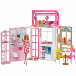 Barbie-Puppenhaus (70,6 x 51,4 cm) mit 4 Spielbereichen, komplett eingerichtet mit Barbie-Accessoires & Möbeln, 360° drehbar, klappbar, ohne Barbie-Puppe, Geschenk für Kinder ab 3 Jahren, HHY40