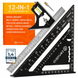 Zimmermannswinkel 12-IN-1 - Komplettes Set mit Anschlagwinkel (Set of 2) - Schreinerwinkel Metall 185mm + Schmiege Anreißwerkzeug 300mm - Winkel Holzbearbeitungswerkzeug - Mit Winkelmesser