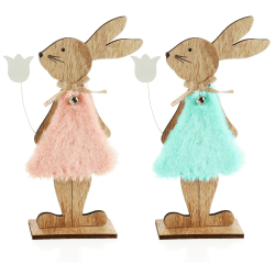 com-four® 2X Deko Aufsteller für Ostern - Osterhase im Kleid mit Blume - Osterdeko zum Hinstellen - Osterdekoration aus Holz (2 Stück - blau/rosa)