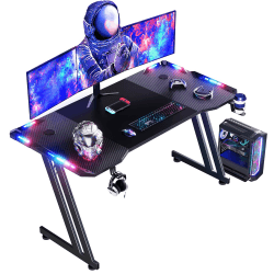 HLONONE 140 x 60 cm Gaming Schreibtisch, Gaming Tisch mit LED, PC Tisch Gaming mit Kohlefaseroberfläche, Stabiler Computertisch für Gaming mit Kopfhörerhaken und Getränkehalter, Schwarz