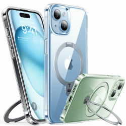 TORRAS 360° Ostand Spin für iPhone 15 Hülle (Magnetischer Robust Standring) Militärschutz, Diamant-Klar Anti-Vergilbung, Unsichtbarer Ständer Schlank Handyhülle Transparent