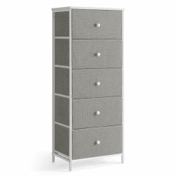 SONGMICS Kommode, Aufbewahrungsschrank mit 5 Stoff-Schubladen, Metallrahmen, hoch und schmal, Taubengrau-cremeweiß LTS315G01