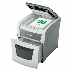 Leitz IQ Autofeed Small Office Aktenvernichter, 50 Blatt Papierstapel schreddern, Zeit sparen mit automatischem Einzug, Partikelschnitt P4, 20L Abfallbehälter, Leiser Betrieb für Büro, 80350000