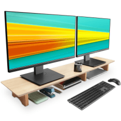 Aothia Großer Monitor-Ständer für Computerbildschirme,Holz-Riser mit nachhaltigen Korkblockbeinen für schwere Laptops/Computer/TV/PC,Perfekter Regal-Organizer für Büro/Zuhause(Eiche,groß)