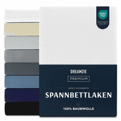 Dreamzie Premium Spannbettlaken 140x200 cm, Spannbetttuch für Dicke Matratzen bis zu 22 cm, Bettlaken 100% Jersey Baumwolle, 150 g/m², Oeko-TEX Zertifiziert - Weiß