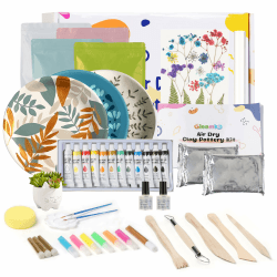 Gleamkid Air Dry Clay Kit, Töpfer-Bastelset für Anfänger, Töpfer-Ton-DIY-Sets für Erwachsene, 12 Farben/6 Fluoreszierende Farbtöne/Bildhauerwerkzeuge/Trockenblumen/Glitzerpulver/Lack/Schwamm
