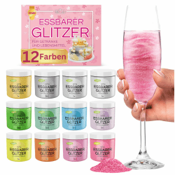 He-Ju Essbarer Glitzer für Getränke und Lebensmittel 12 x 3g Edible Glitter, OHNE E171, Vegan, Glutenfrei, Laktosefrei, Zuckerfrei - Perfekter Essbarer Glitzer für jeden Anlass