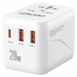LENCENT Universeller Reiseadapter, Weltreise Reisestecker Internationaler Adapter mit 2 USB & Typ-C PD 20W, Weltweites Ladegerät für Handys, Laptop, USA/UK/EU/AUS Steckdosen, Weiß