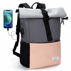 MoFut Rucksack Damen Groß Rucksack Herren Groß Schulrucksack viele Fächer mit 15,6" Laptopfach, Unisex Rolltop Rucksack Wasserdicht, Lässiger Backpack Schule Freizeit Uni Arbeit Wandern. Rosa-grau