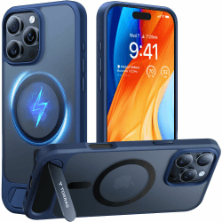 TORRAS für iPhone 16 Pro Hülle für MagSafe mit Titan Flügelständer Zertifizierte Magnetkraft Militärschutz Handyhülle iPhone 16 Pro Case Stoßfest Kratzfest Hardcase Handy Hülle Matt Blau