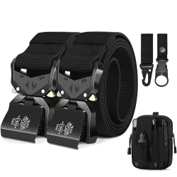 Leskyair 2er Herren Taktischer Gürtel, Arbeitsgürtel Hochleistungsgürtel, Gürtel Militär Wandern 3,8cm Breite, Geschenk mit Molle Beutel und Wasserflaschenclip Haken A-schwarz + Schwarz