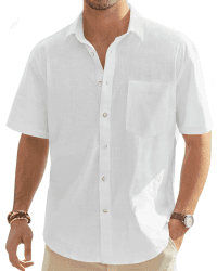 J.VER Leinenhemd Herren Hemd Kurzarm Leinenshirt Freizeithemd Businesshemd Sommer Casual Regular Fit Shirt Weiß XL