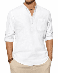 J.VER Hemd Herren Leinenhemd Langarm Henley Shirt Freizeithemd Regular Fit Sommerhemd mit Tasche XXL Weiß