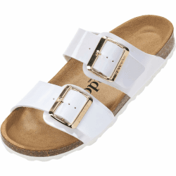 Palado Pantoletten Damen Samos EGS - gefertigt mit extra großer Schnalle - Veloursleder-Decksohle - komfortables Weichfußbett - EVA-Sohle - Lack oder Metallic Optik 40 EU Weiß Lack 02