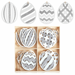 com-four® 12x Dekoaufhänger Ostern - Osterschmuck aus Holz zum Aufhängen - Holzaufhänger für den Osterstrauß grau/weiß mit Streifen (12 Stück - Eier mit Streifen)