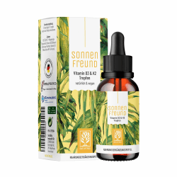NATURTREU® Vitamin D3 K2 Tropfen hochdosiert & vegan - 100% pflanzlich (ohne tierisches Lanolin) - 1000 IE Vitamin D + Vitamin K2 - Sonnenfreund