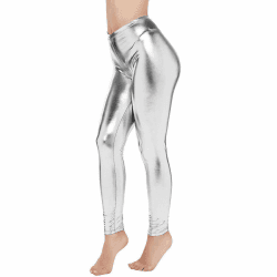 Metallic Damen Leggins Silber Leggins Silber Metallic Damen Glänzende Hose 80er mit Hoher Taille Shiny Leggings Party Tanz Disco Kostüm Karneval Space Kostüm Metallischer Hosen Silber Goldene Leggins 01-silber L