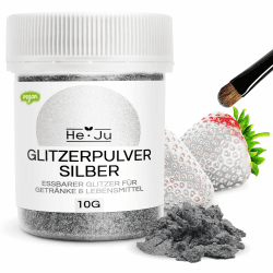 He-Ju Essbarer Glitzer, Silberpulver essbar, Silber Glitzer grau-anthrazit 10g, Vegan, Glutenfrei, Ohne E171 - Perfekt für Cocktails, Gebäck und Dekorationen, Glitter Spritz