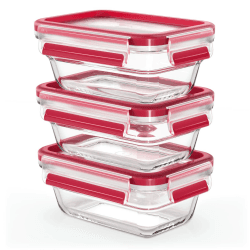 Emsa N10511 Clip & Close Glas Frischhaltedosen-Set 3-teilig | 3 x 0,45 L | stapelbar | gefrierfest | backofenfest | mikrowellenfest | 100% dicht | spülmaschinenfest | Transparent/Rot Transparent/Rot 0,45 L 3-teiliges