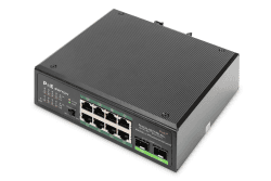 DIGITUS PoE Netzwerk-Switch - 10-Port Gigabit Ethernet - 8X RJ45 + 2X Gigabit-SFP-Uplink - unmanaged - Hutschienenmontage - 10/100/1000 Mbit/s - indutrial Serie - Schwarz