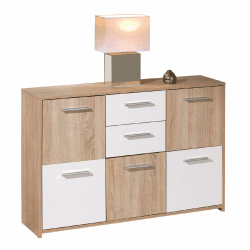 Dmora Sideboard mit fünf Türen und zwei Schubladen im Mittelteil, Farbe Weiß und Eiche, Maße 115 x 77 x 30 cm