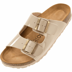Palado Damen Pantoletten Korfu PF - Hausschuhe mit Natur Kork-Fussbett - bequeme Sandalen - Zweiriemer - Made in Spain 39 EU Lack Creme Beige