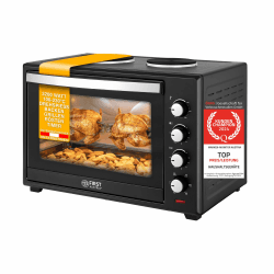 TZS First Austria Minibackofen mit Kochplatten I 60l I 1800W Ofen, 1000W + 600W I Umluft I 230 °C I Drehspieß I 5 Heizarten I 15,6kg I Schwarz
