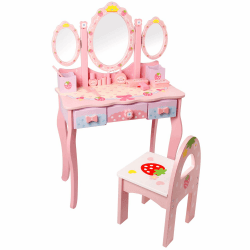 CCLIFE Kinder Schminktisch Holz für mädchen mit Spiegel Hocker Make-up Tisch Set Holzschublade Pink&Weiß Frisiertisch Kosmetiktisch, Color:Pink