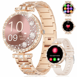 Damen Smartwatch 1.19" AMOLED Always-on Display Bluetooth Anrufe Smart Watch Damen für Android iOS 100+Sport Rund Damen Smartwatch Rosegold Edelstahl Frauen Smartwatch Herzfrequenz Schlaf Monitor