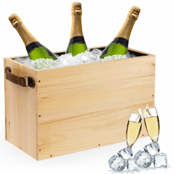 Southagte 20L Sektkühler Holz, XXL Getränkekühler mit Leder Griff, Großer Eiskübel Wasserdicht, Eiseimer für Garten-Party, Wein Bier Champagner Kühler, Eiswürfelbehälter 40 * 20 * 25cm