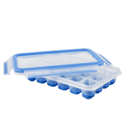 Emsa 514549 CLIP & CLOSE Eiswürfelbox | mit Frischedeckel | für 24 Eiswürfel | Flexibler Boden | 100 Prozent Dicht | selbst im gekippten Zustand | Blau | 22,6 x 16,5 x 4,9 cm