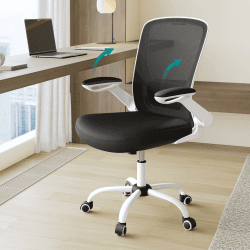 SONGMICS Ergonomischer Bürostuhl aus Segeltuch, Sessel, gepolsterte Lendenwirbelstütze, Wippmechanismus, breite Sitzfläche 53 cm, klappbare Armlehnen, schwarz und weiß OBN37WT