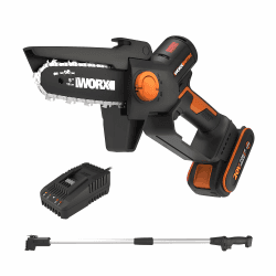 WORX NITRO Mini Kettensäge mit Akku 5 Zoll, mit 125cm Verlängerungsstange, WG325E.1, Einhand Kettensäge Akku 20V, PowerShare, bürstenloser Motor, 12cm Schwertlänge, inkl. Akku und Ladegerät