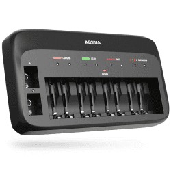 ABSINA Akku Ladegerät X10 für AA, AAA & 9V - Akkuladegerät 10-Fach zum Laden von wiederaufladbaren Akkus - NiMH Ladegerät Akku für AAA, AA & 9V