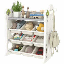 AIYAPLAY Kinderregal 4-Stufiges Spielzeugregal mit 9 Herausnehmbaren Boxen, Ablage, Haken, Kinderzimmerregal Aufbewahrungsregal für Kindergarten, Spielzimmer, 77 x 42 x 94 cm, Cremeweiß