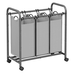 SONGMICS Wäschekorb 3 Fächer, Wäschesammler mit Rollen, Wäschesortierer, Wäsche-Sortiersystem, Wäschewagen mit Griffen, Wäschesack, abnehmbare Stofftaschen, grau LSF003GS