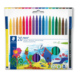 Staedtler Fasermaler Noris, Tinte mit Lebensmittelfarbstoffen auf Wasserbasis, Kappe mit Atemluftkanal, Linienbreite 1,0 mm, 20 Filzstifte in sortierten Farben im Kartonetui, 326 C20