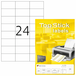 TopStick 8706 Adressetiketten, 100 Blatt, 70 x 37 mm, 24 pro A4 Bogen, 2400 Stück, selbstklebend, bedruckbar, matt, blanko Papier Adressaufkleber Etiketten, weiß
