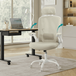 SONGMICS Bürostuhl ergonomisch, Drehstuhl mit Mesh, Lenden- und Kopfstütze, Wippfunktion, 53 cm große Sitzfläche, klappbare Armlehnen, Arbeits- und Schlafzimmer, Studenten, cappuccinobeige OBN047K01