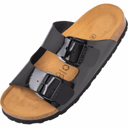 Palado Damen Pantoletten Korfu PF - Hausschuhe mit Natur Kork-Fussbett - bequeme Sandalen - Zweiriemer - Made in Spain 38 EU Basic Lack Schwarz
