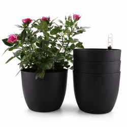 T4U 15cm Selbstwässernder Blumentopf mit Wasseranzeiger Schwarz 4er-Set, Selbstbewässerung Wasserspeicher Pflanzgefäß Übertopf für Innen- und Außenbereich