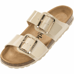 Palado Pantoletten Damen Samos EGS - gefertigt mit extra großer Schnalle - Veloursleder-Decksohle - komfortables Weichfußbett - EVA-Sohle - Lack oder Metallic Optik 40 EU Beige Lack