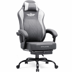 GTPLAYER Gaming Stuhl aus Stoff, Bürostuhl Integrierte Lendenwirbelstütze, Bürostuhl, Gaming Chair mit Federkissen und Fußstütze, Verdickte Rückenlehne, Ergonomischer PC-Stuhl Grau